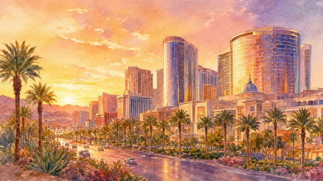 Aquarellbild einer Resort-Skyline mit Palmen im goldenen Abendlicht