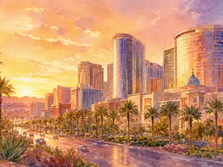 Aquarellmalerei einer Wüstenstadt-Skyline symbolisiert MGM Resorts ISIN US5529531015 im touristischen Freizeit- und Hotelsektor stimmungsvoll - Foto: THN