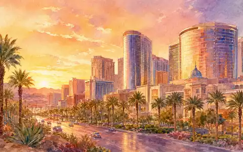 Aquarellmalerei einer Wüstenstadt-Skyline symbolisiert MGM Resorts ISIN US5529531015 im touristischen Freizeit- und Hotelsektor stimmungsvoll - Foto: THN