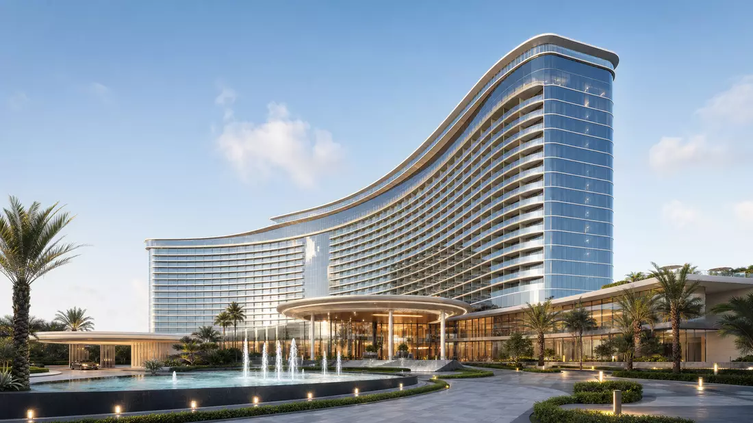 3D-Architekturrendering eines geschwungenen Glas-Hotelturms mit Springbrunnen