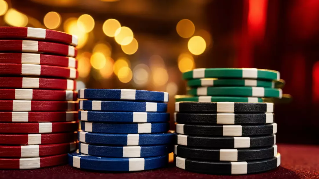 Extreme Nahaufnahme farbiger Pokerchip-Stapel mit unscharfem Lichterhintergrund