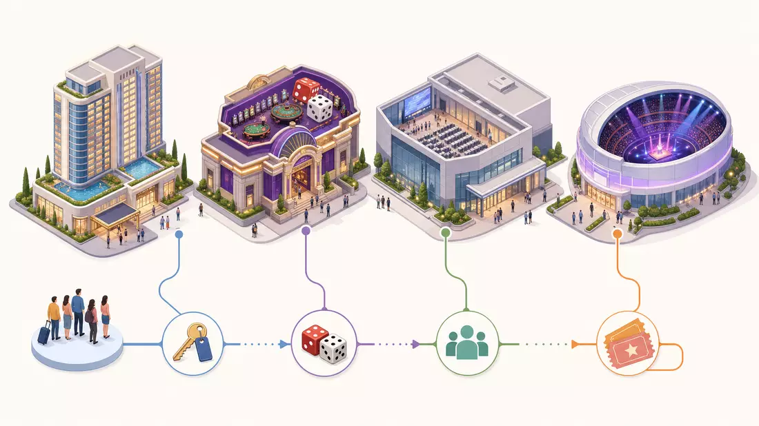 Isometrische Illustration von Hotel, Casino, Kongresszentrum und Arena verbunden