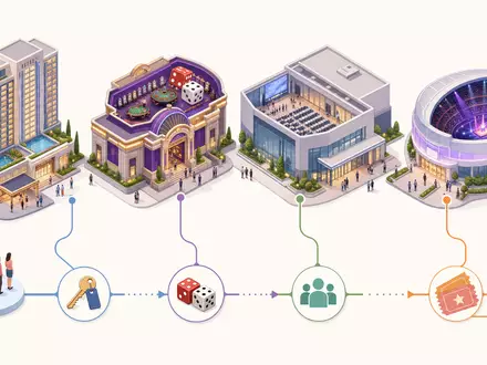 Isometrisches 3D-Diagramm der Resort-Wertschöpfungskette erklärt MGM Resorts ISIN US5529531015 im Sektor Hotellerie und Unterhaltung übersichtlich - Foto: THN