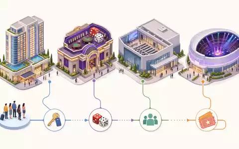 Isometrisches 3D-Diagramm der Resort-Wertschöpfungskette erklärt MGM Resorts ISIN US5529531015 im Sektor Hotellerie und Unterhaltung übersichtlich - Foto: THN