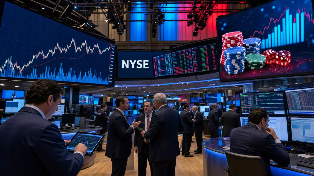 Trader am NYSE-Handelsboden vor Bildschirmen mit Aktienkurven und Pokerchips