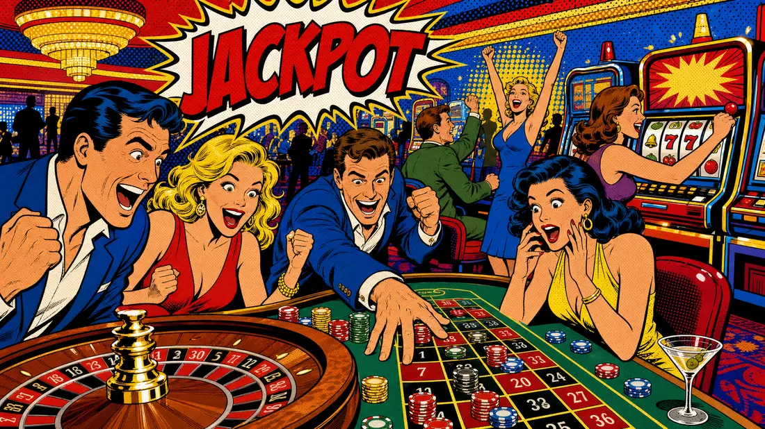 Pop-Art-Comic mit jubelnden Gästen an einem Roulettetisch im Casino