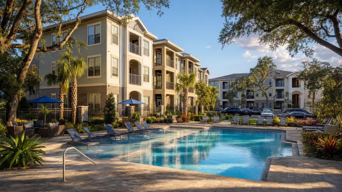 Moderne Apartmentanlage mit Pool, Palmen und dreistöckigen Wohngebäuden im Abendlicht