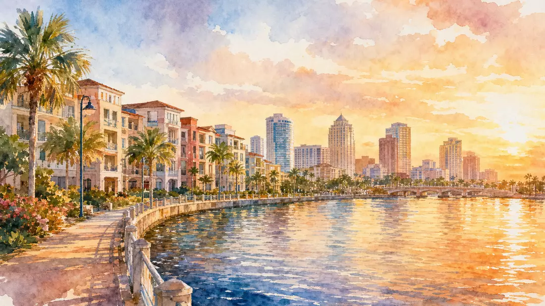 Aquarellmalerei einer Stadtansicht mit Apartmenthäusern, Palmen und Skyline bei Sonnenuntergang
