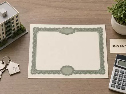 Mid-America Apartment (US59522J1034) symbolisiert dieses Flatlay mit Aktienzertifikat, ISIN-Karte, Hausmodell und Taschenrechner - Foto: THN