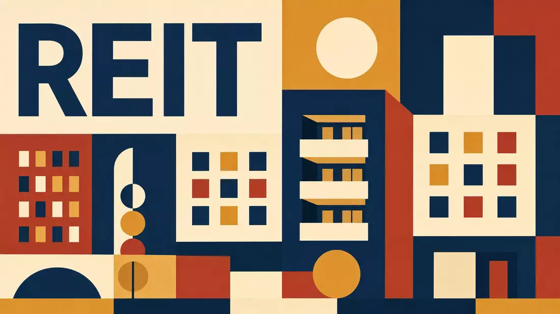 Bauhaus-Poster mit geometrischen Formen, Gebäudefassaden und großem REIT-Schriftzug