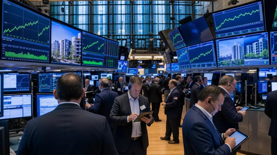 Börsenhändler an der New Yorker Börse vor Bildschirmen mit Immobiliensektor-Charts und Kurvengrafiken