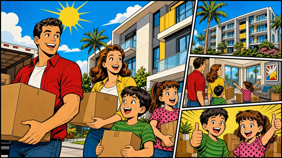 Pop-Art-Comic einer fröhlichen Familie beim Einzug in eine moderne Apartmentanlage mit Palmen