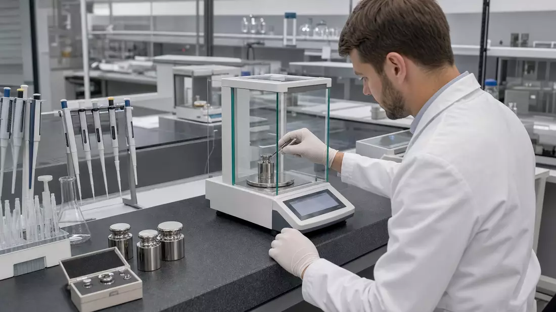 Techniker kalibriert Präzisionswaage in sauberem Labor mit Pipetten und Kalibriergewichten