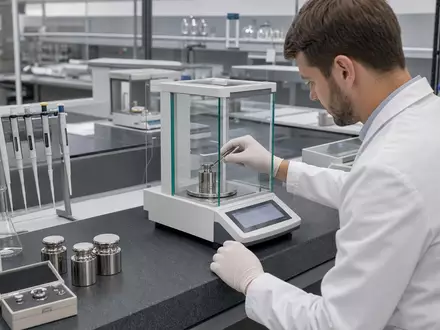 Mettler-Toledo US5926881054 zeigt einen Techniker beim sorgfältigen Kalibrieren einer präzisen Analysewaage im modernen Labor - Foto: THN