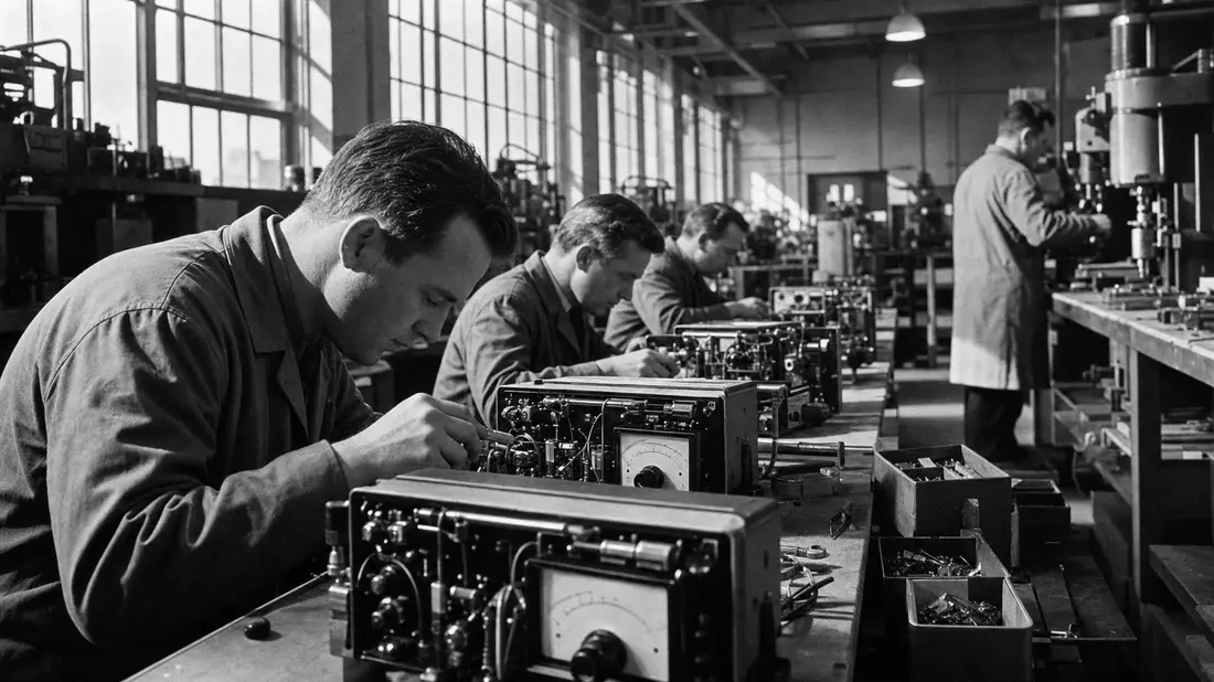 Schwarzweiß-Fotoreportage einer Fertigungslinie für elektronische Messinstrumente