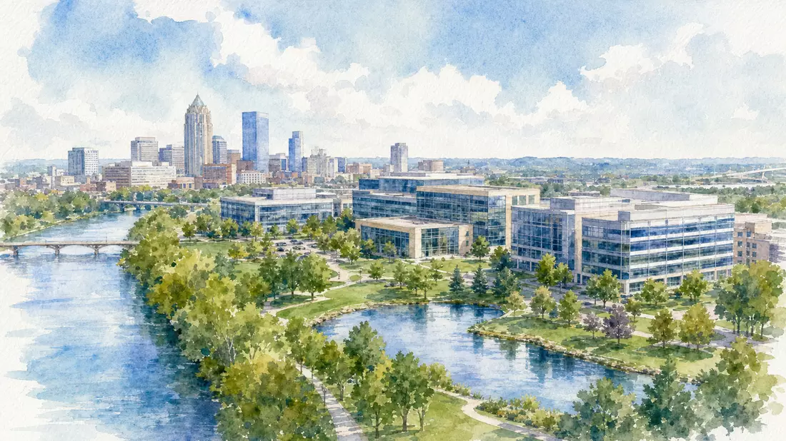 Aquarellmalerei einer Stadtskyline mit modernem Bürocampus und Fluss im Vordergrund