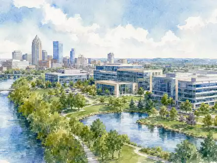 Mettler-Toledo US5926881054 präsentiert eine Aquarell-Ansicht einer Stadt mit modernem Bürocampus direkt am ruhigen Flussufer - Foto: THN
