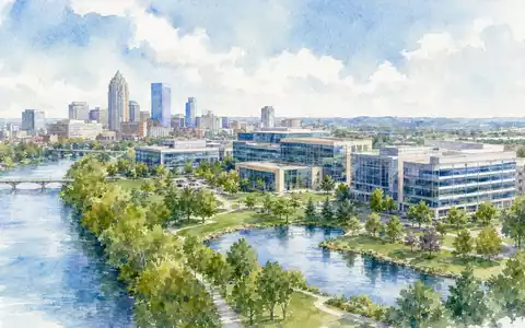 Mettler-Toledo US5926881054 präsentiert eine Aquarell-Ansicht einer Stadt mit modernem Bürocampus direkt am ruhigen Flussufer - Foto: THN