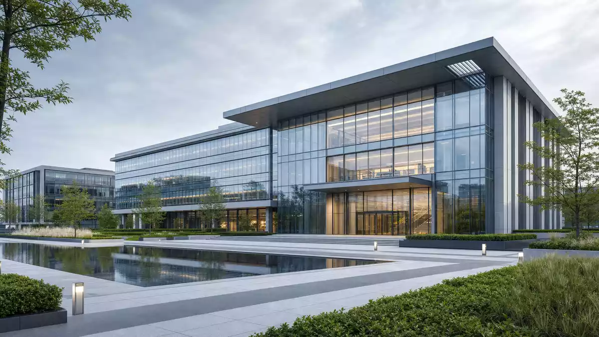 Architektur-Rendering eines gläsernen Forschungsgebäudes mit Wasserbecken und Grünanlage