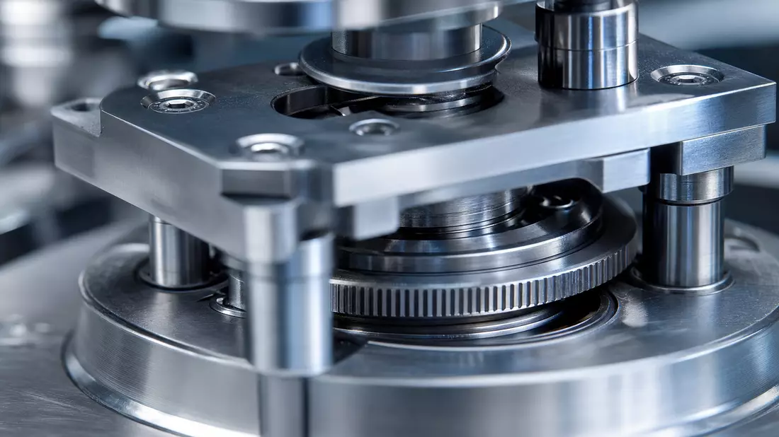 Makroaufnahme einer präzisen Wägezellen-Mechanik mit feinen Metalloberflächen und Reflexionen