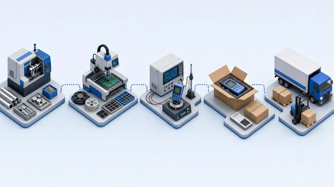 Isometrische 3D-Illustration einer Fertigungs- und Lieferkette für Präzisionsinstrumente