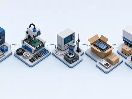 Mettler-Toledo US5926881054 visualisiert eine isometrische 3D-Wertschöpfungskette der Präzisionsinstrumente-Fertigung von Rohstoff bis Auslieferung - Foto: THN