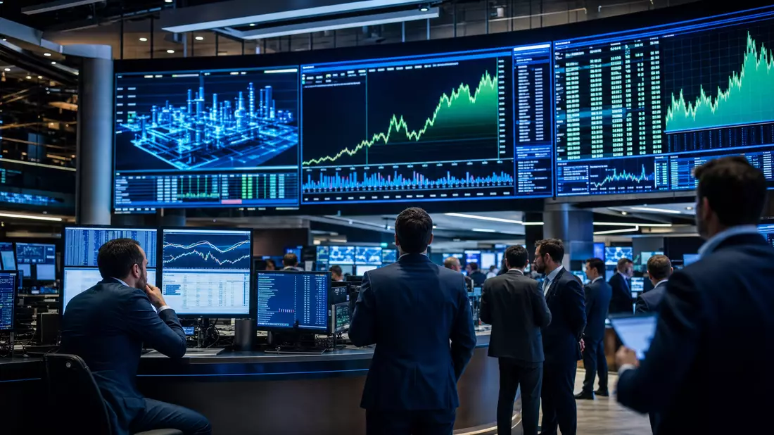 Trading-Floor-Szene mit Analysten vor großen Bildschirmen mit Aktienchart-Daten