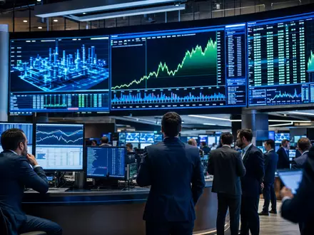 Mettler-Toledo US5926881054 zeigt ein Börsen-Editorial mit Tradern vor großen Charts der NYSE Industrie-Sektor-Indizes - Foto: THN