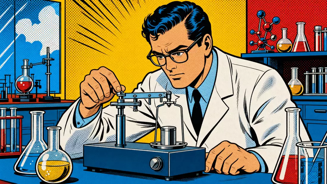Pop-Art-Comic-Illustration eines Wissenschaftlers im Labor mit stilisierter Waage