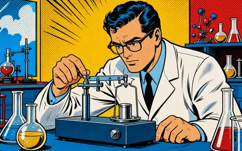 Mettler-Toledo US5926881054 illustriert eine Pop-Art-Comic-Szene eines Wissenschaftlers beim Bedienen einer stilisierten Präzisionswaage im Labor - Foto: THN