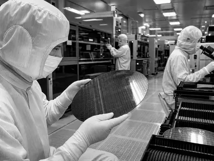 Schwarzweiß-Reportagebild aus einem Halbleiter-Reinraum, passend zu Microchip Technology, ISIN US5950171042, Ingenieure prüfen Silizium-Wafer - Foto: THN