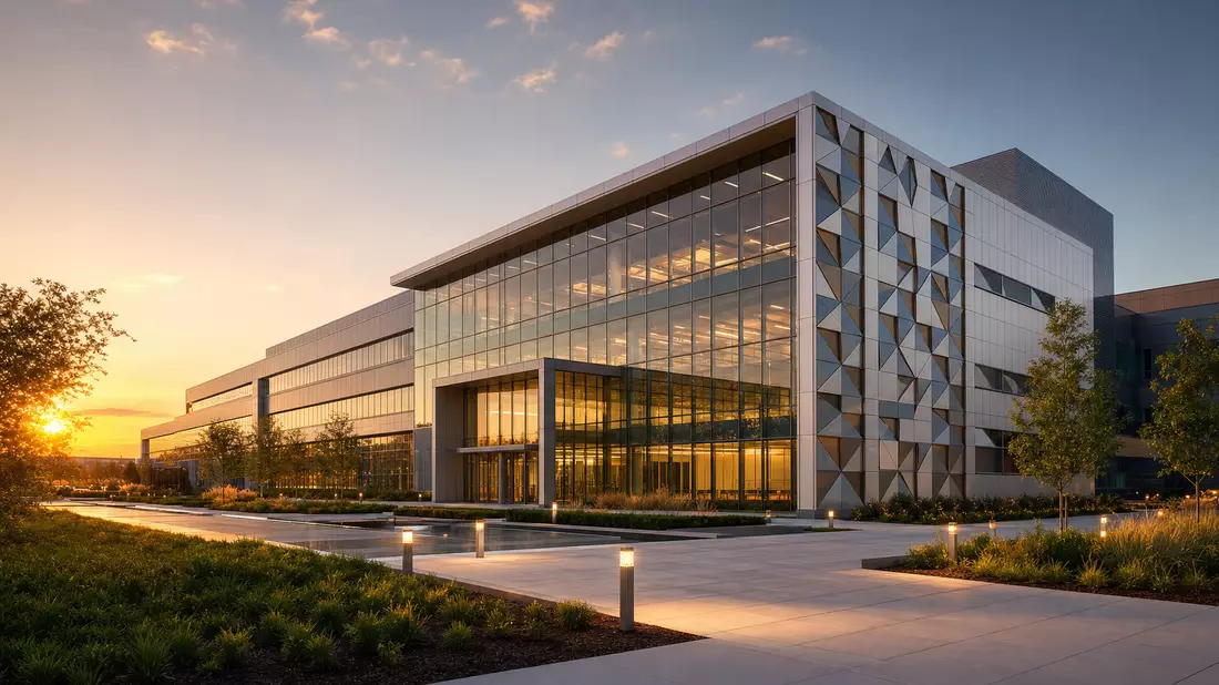 3D-Render eines modernen Glasgebäudes mit geometrischer Fassade bei Sonnenuntergang