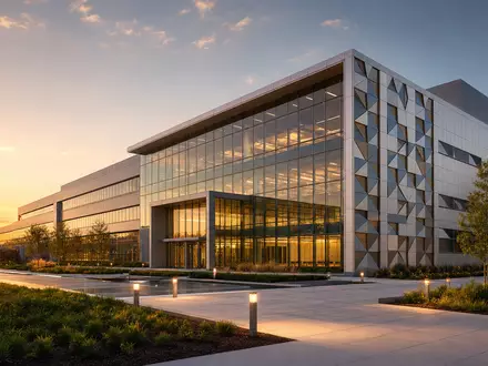 Architektur-Render eines modernen Forschungsgebäudes, thematisch passend zu Microchip Technology, ISIN US5950171042, gläserne Fassade im Abendlicht - Foto: THN