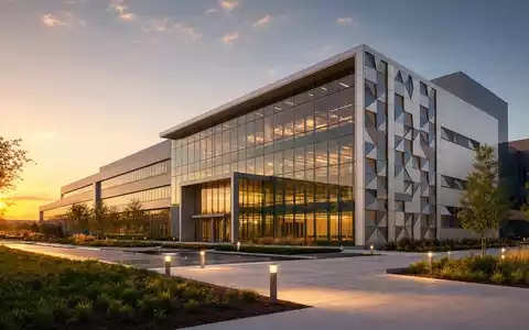 Architektur-Render eines modernen Forschungsgebäudes, thematisch passend zu Microchip Technology, ISIN US5950171042, gläserne Fassade im Abendlicht - Foto: THN