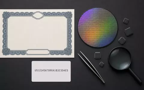 Flatlay mit Aktienzertifikat, ISIN-Karte und Silizium-Wafer, symbolisch für Microchip Technology, ISIN US5950171042, Halbleiterbranche - Foto: THN