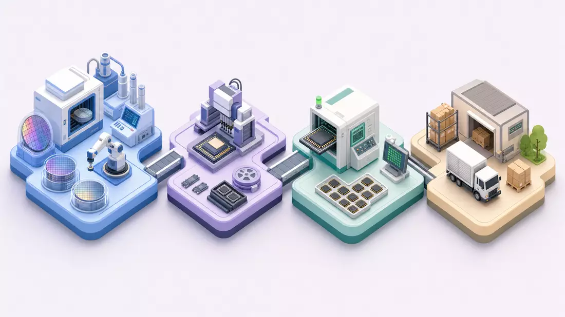 Isometrische Illustration der Chip-Produktionskette von Wafer bis Versand