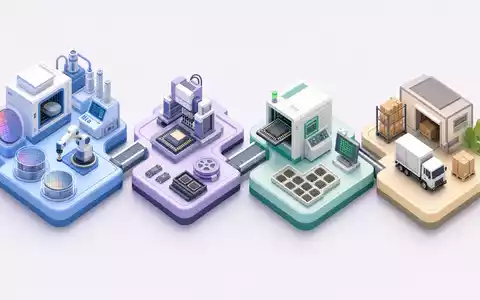Isometrische 3D-Grafik der Halbleiter-Wertschöpfungskette, illustrativ für Microchip Technology, ISIN US5950171042, vier Prozessstufen dargestellt - Foto: THN