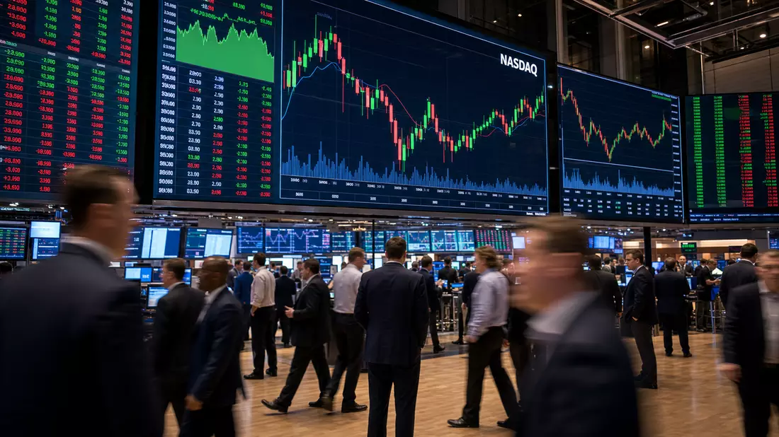 Trading-Floor mit großen Bildschirmen und abstrakten Börsencharts