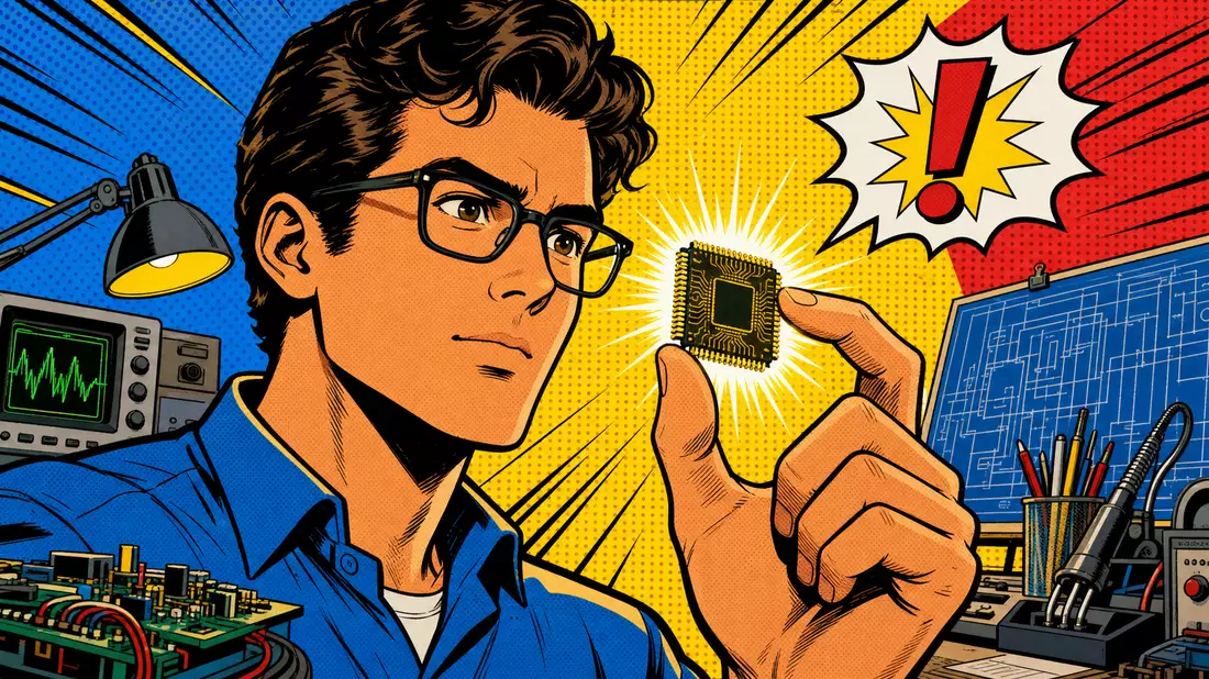Comicstil-Illustration eines Ingenieurs mit leuchtendem Mikrochip in der Hand