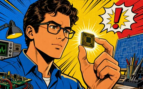 Pop-Art-Comic mit Ingenieur und leuchtendem Mikrochip, künstlerisch inspiriert von Microchip Technology, ISIN US5950171042, bunte Halbtonoptik - Foto: THN