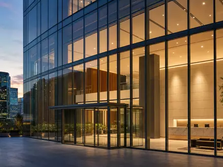 Fotorealistische Glasfassade einer Firmenzentrale bei Dämmerung passend zu MetLife Inc. mit ISIN US59156R1086 - Foto: THN