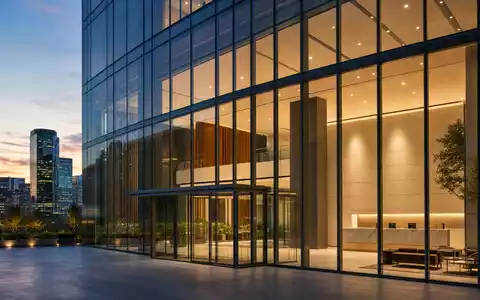 Fotorealistische Glasfassade einer Firmenzentrale bei DĂ€mmerung passend zu MetLife Inc. mit ISIN US59156R1086 - Foto: THN