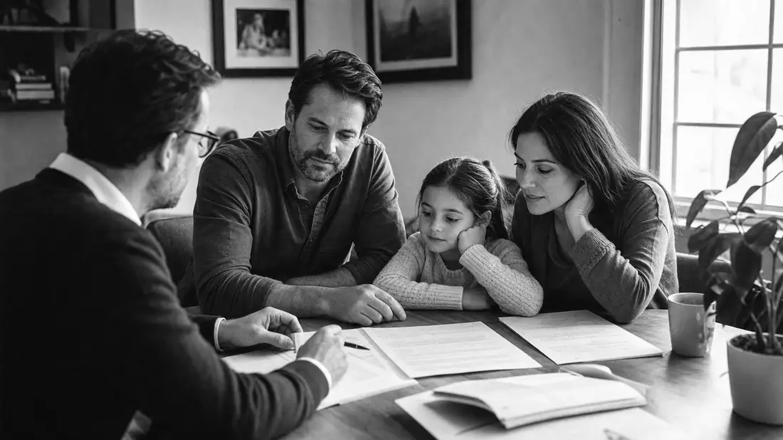 Dokumentarische Schwarzweiß-Aufnahme einer Familie bei der Vertragsunterzeichnung am Tisch