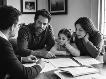 Schwarzweiß-Reportagefoto einer Familie bei Versicherungsberatung, thematisch verbunden mit MetLife Inc., ISIN US59156R1086 - Foto: THN