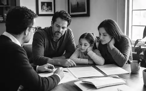 SchwarzweiĂ-Reportagefoto einer Familie bei Versicherungsberatung, thematisch verbunden mit MetLife Inc., ISIN US59156R1086 - Foto: THN
