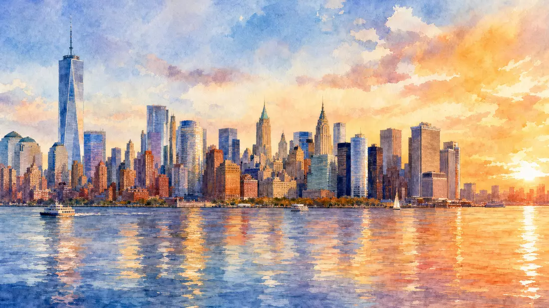 Aquarellbild der New Yorker Skyline mit Wasserreflexionen bei goldenem Licht