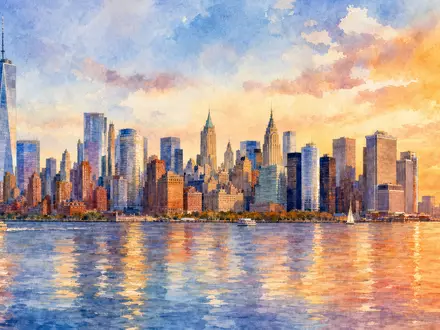 Aquarellmalerei der New Yorker Skyline bei Sonnenuntergang, künstlerisch inspiriert von MetLife Inc., ISIN US59156R1086 - Foto: THN