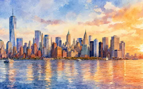 Aquarellmalerei der New Yorker Skyline bei Sonnenuntergang, künstlerisch inspiriert von MetLife Inc., ISIN US59156R1086 - Foto: THN