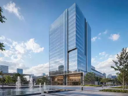 Architektur-Render eines modernen Glasturms mit Platzanlage, konzeptionell zugehörig zu MetLife Inc., ISIN US59156R1086 - Foto: THN