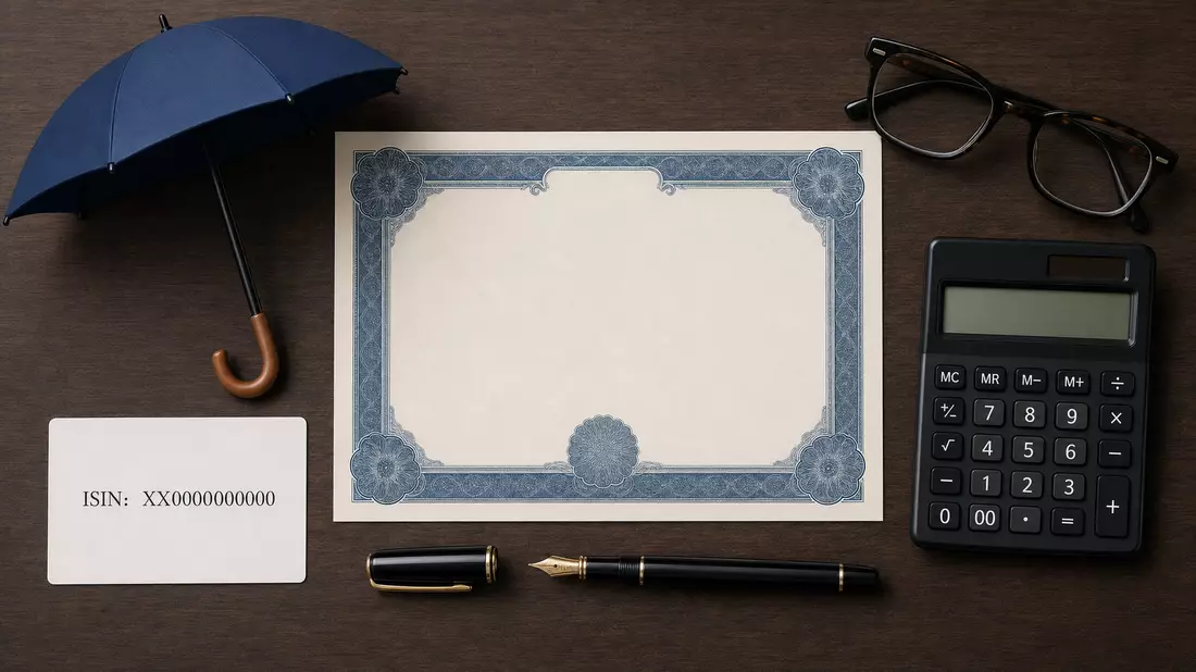 Flatlay-Anordnung von Zertifikat, ISIN-Karte, Füllfederhalter und Regenschirm auf Holztisch
